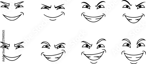 Set of mischievous smirking face outline vector icons