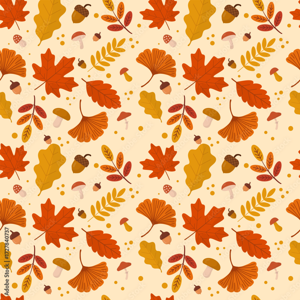 Obraz premium A charming, repeating surface pattern design featuring stylized flat illustrations of maple, oak, and ginkgo leaves, scattered with acorns and small mushrooms on a light, warm beige background.