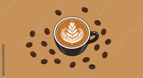 A delightful cup of coffee with latte art, surrounded by coffee beans, on a warm brown background