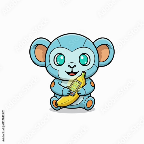 Cute blue robot monkey character eating banana vector illustration scalable art
