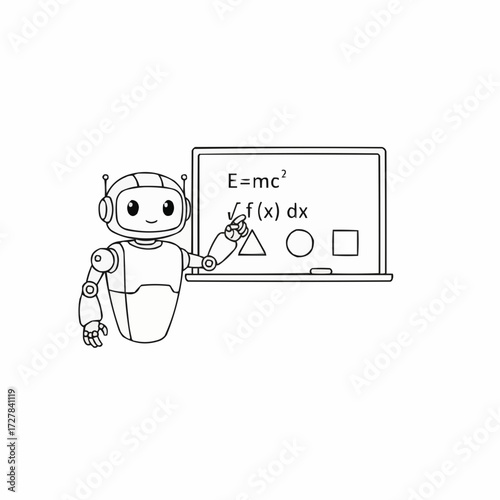 Friendly robot teaching physics and math science with equations and shapes