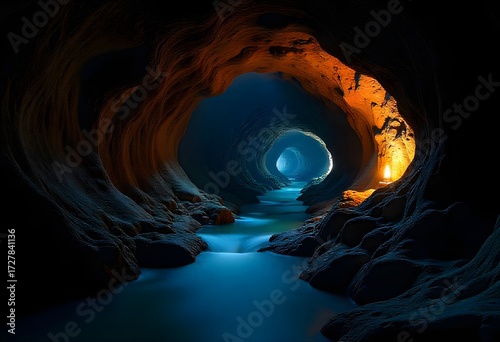 Mysterious underground river flows through dramatic cave tunnels illuminated by a single glowing torch, beckoning adventure and discovery
