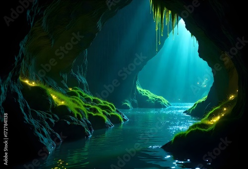 Enchanting mystical cave with glowing moss and shimmering water, bathed in ethereal blue light and magical fairy lights, creating a serene and wondrous natural landscape.