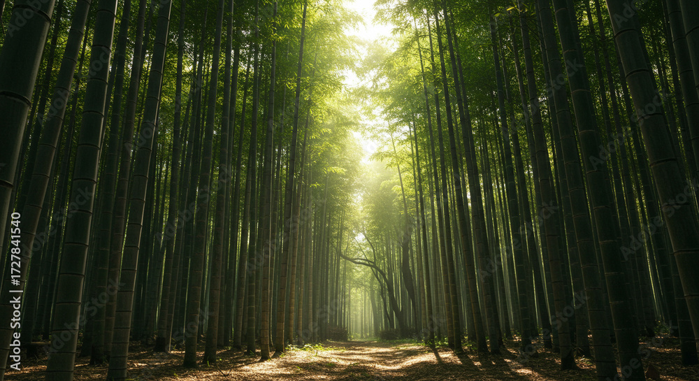Fototapeta premium Dense bamboo forest with sunlight breaking through stalks