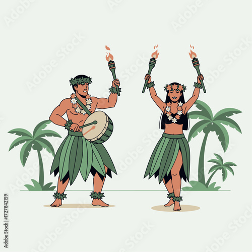 Hawaiian Luau Performers with Drum and Torches Vector Illustration