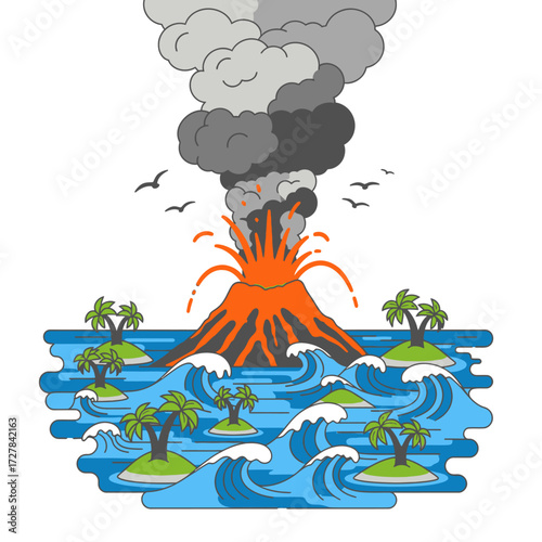 Volcano Eruption Illustration with Ocean Islands and Birds Graphic