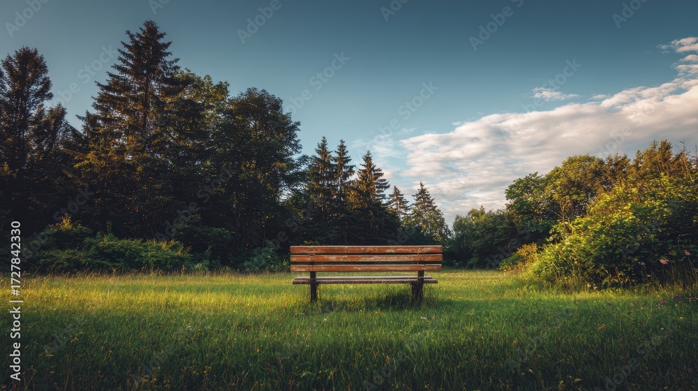 Fototapeta premium Peaceful Solitude - An Empty Park Bench Awaits in Golden Afternoon Light.