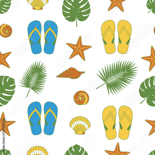 Seamless Tropical Pattern with Flip Flops Starfish and Palm Leaves for Summer Fashion and Wallpaper