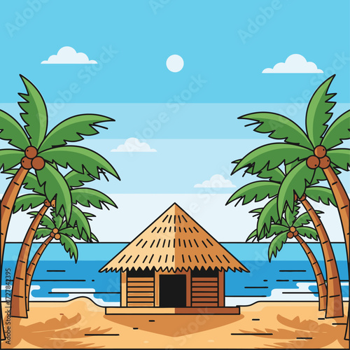 Tropical Beach Hut Vector Illustration for Summer Vacation and Travel Designs