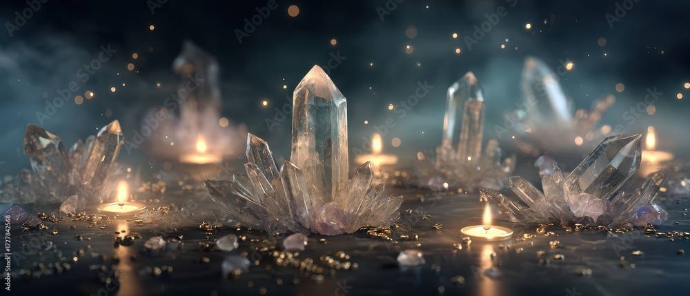 Obraz premium Mystical Crystal Altar - Candles, Quartz, and Celestial Dust in Ethereal Light.
