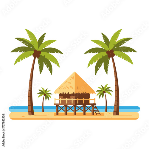 Tropical Beach Hut Scene with Palm Trees on a Sunny Island Paradise
