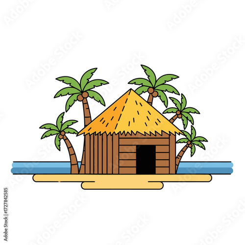 Tropical Beach Hut Illustration with Palm Trees for Holiday and Travel Concepts