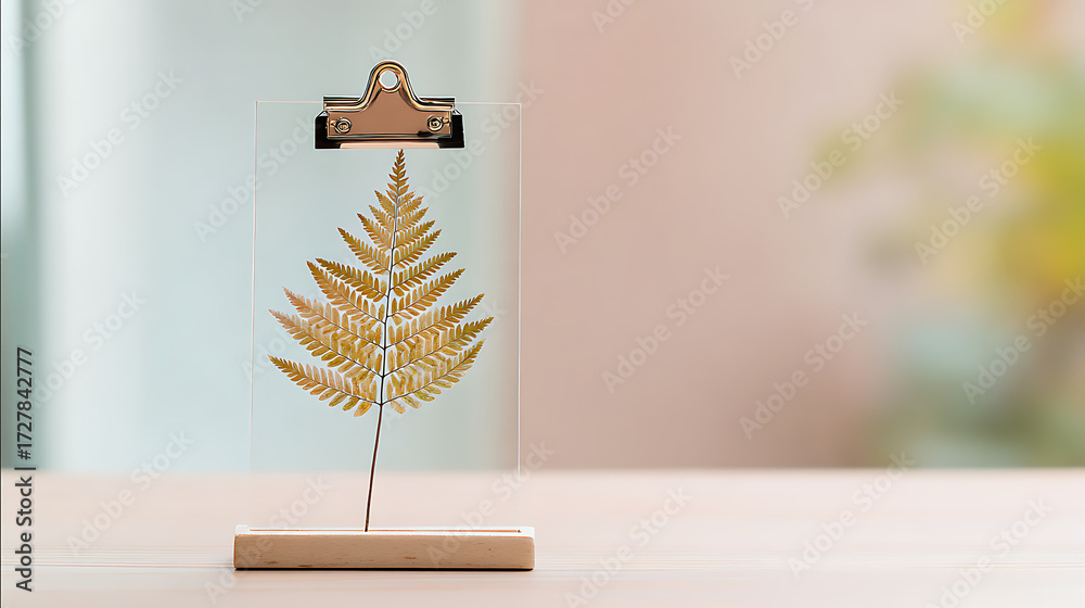 Obraz premium Minimalist still life featuring a golden fern leaf clipped onto a simple wooden stand, against a soft, blurred background, suggesting art, nature, and modern decoration. 