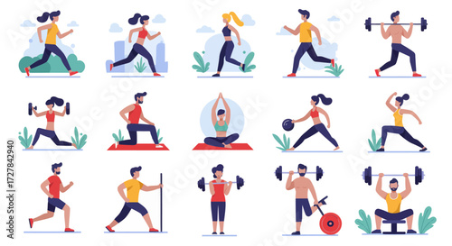 Set of diverse people engaged in various fitness and exercise activities, represented as vector illustrations