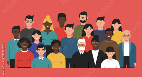 Diverse Group of People Standing Together in Unity and Community Against a Solid Red Background