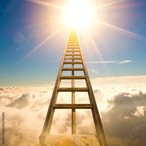 Ladder reaching for bright sun above clouds