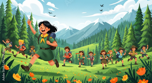 World Scout Day Joyful Group of Young Hikers Exploring the Outdoors in a Scenic Mountain Landscape