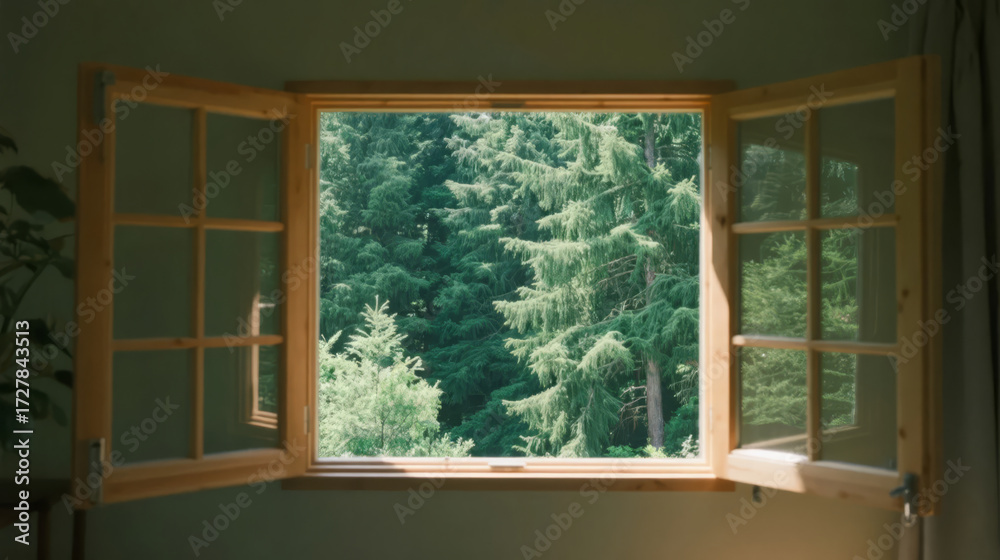 Fototapeta premium View of a Forest with Green Trees and Sunshine from a Window, Fresh and Natural Home Lifestyle Background