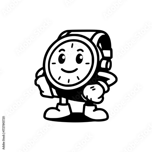 Whimsical watch character with a cheerful expression, perfect for adding a playful touch to branding and designs, a fun mascot with a timeless appeal