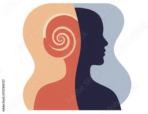 Abstract illustration of a human silhouette split into contrasting colors, one side containing a spiral, symbolizing mental health, inner conflict, or therapy