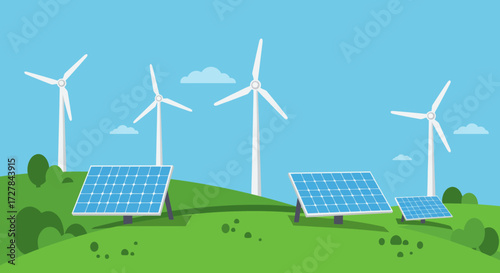 Renewable energy sources, including solar panels and wind turbines, powering a sustainable future on a green hill under a blue sky with clouds
