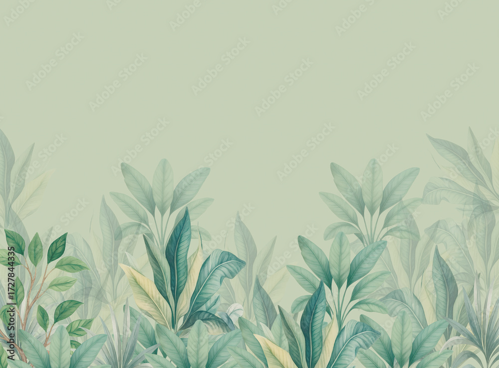 Fototapeta premium Watercolor tropical jungle leaves background, botanical frame, greenery border, natural foliage illustration