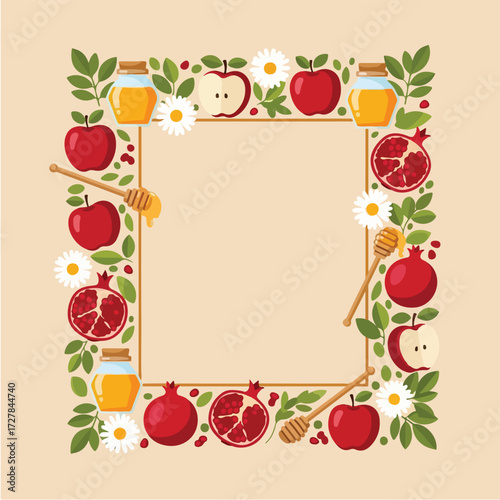 Rosh Hashanah Frame Honey, Apples, Pomegranates, Jewish Holiday
