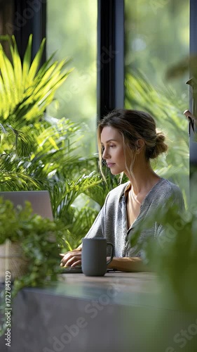Woman working on laptop in tropical setting