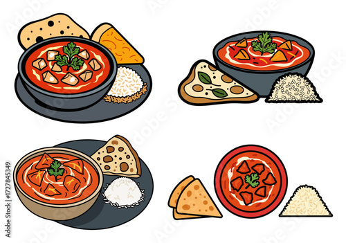 Traditional Indian Food Set with Curry and Naan Bread