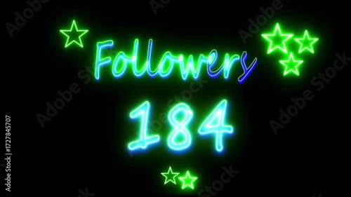  Neon 184 Hundred Followers Text motion graphic, video Future Glowing followers, 4k video..