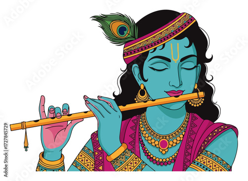 Portrait of Lord Krishna Playing the Flute