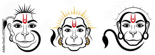 Set of Hanuman Face Illustrations in a Line Art Style