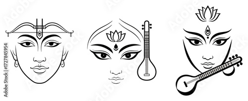 Line Art Collection of Hindu Goddesses Durga Lakshmi and Saraswati