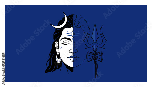Split Face of Lord Shiva with Trishula Vector Art