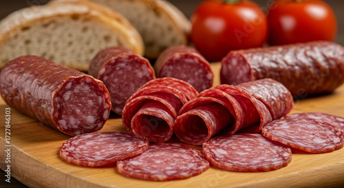 Andorran Embotits isolated on a wooden board, various sausages and salamis sliced artistically