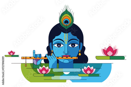 Lord Krishna Playing Flute in a Lotus Pond