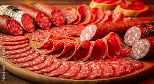 Andorran Embotits isolated on a wooden board, various sausages and salamis sliced artistically
