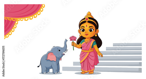 Cute Indian Girl with a Baby Elephant Offering a Lotus Flower