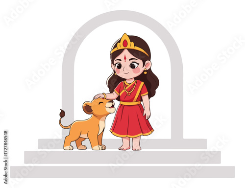 Cute Goddess Durga Petting a Lion Cub Cartoon