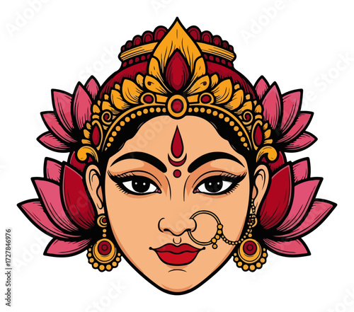 Beautiful Face of Hindu Goddess Lakshmi with Lotus Flowers