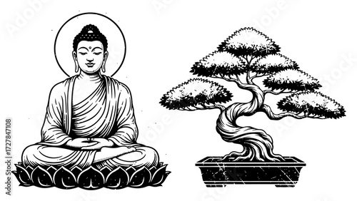 Meditating Buddha and Bonsai Tree Vintage Illustration