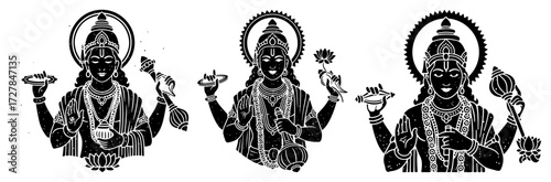 Hindu Deities Vishnu and Lakshmi Monochrome Vector Set