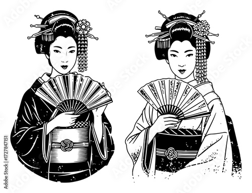 Vintage Monochrome Illustrations of Japanese Geisha with Fans