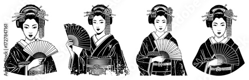 Set of Traditional Japanese Geisha Women in Kimono Vector Art
