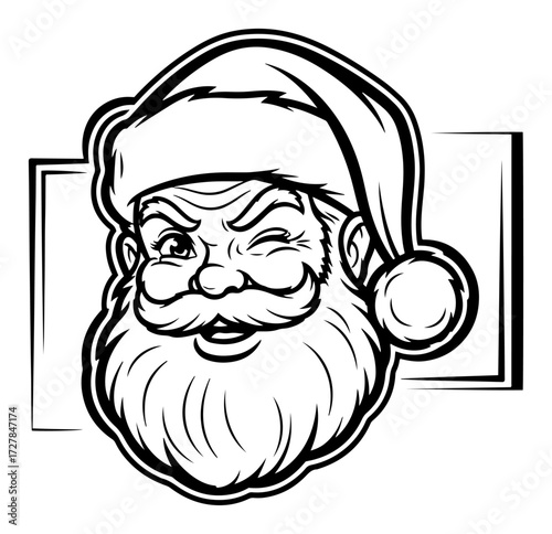 Winking Santa Claus Head Black and White Vector Illustration