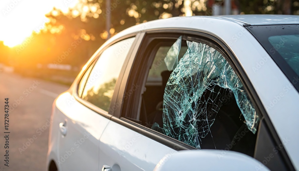 Obraz premium Broken car window at sunset