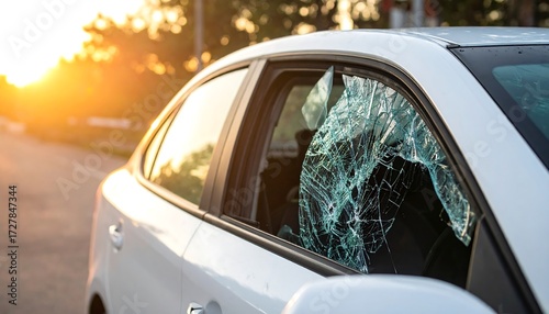 Broken car window at sunset