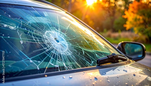 Broken car windshield in sunlight