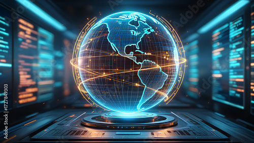 A glowing blue digital globe with orange orbital lines hovers above a futuristic platform, surrounded by screens displaying code in a dark, hightech room
