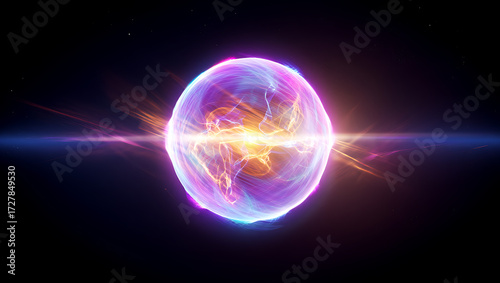 A vibrant, glowing orb of energy pulsates with light and color against a dark, starfilled cosmic background, suggesting a powerful cosmic event or phenomenon
